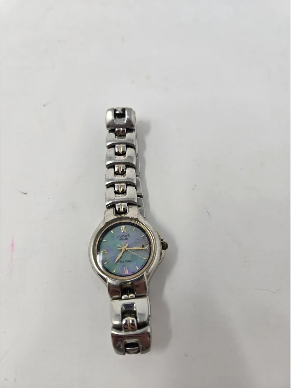 Vintage Pulsar Solar Ladies Watch – Silver Tone Link Bracelet, Blue Purple